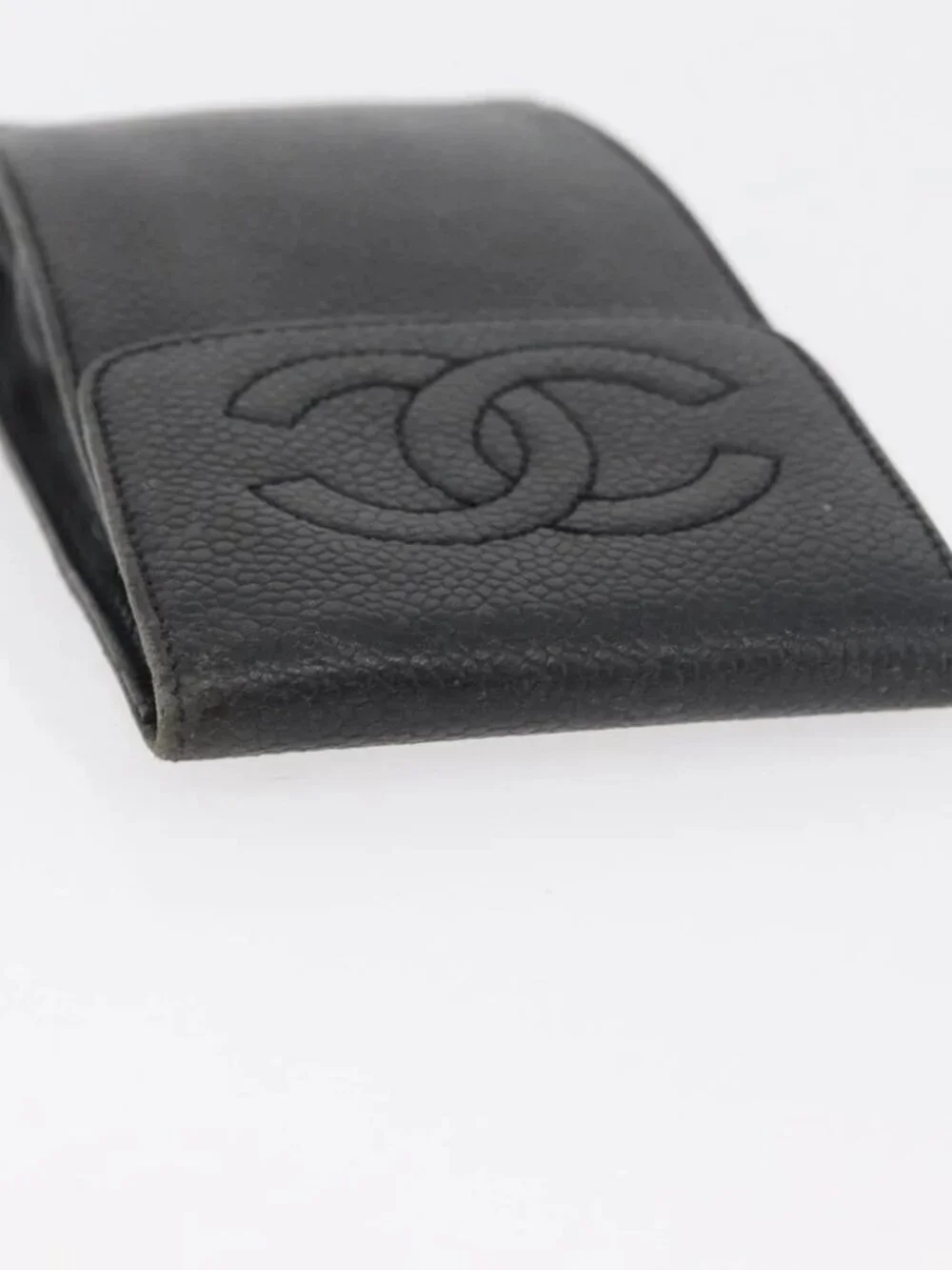 CHANEL Glasses Case Grained Calf Skin Black Gold CC Auth am11661